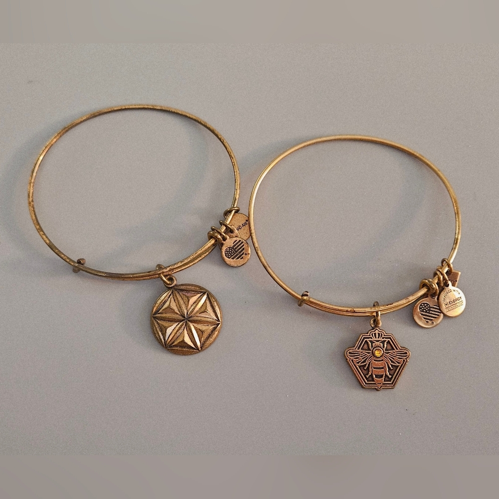 Set (2) Alex and Ani Stretch  Charm Bracelet with Jewel Bee and Flower